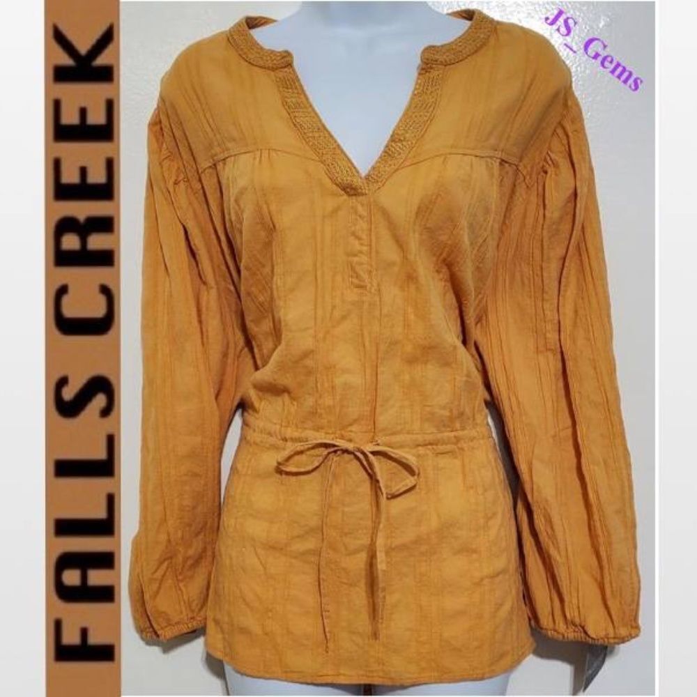 New Falls Creek Blouse Womens Plus 3X Gold Notch Neck Boho Hi Low Top NWT